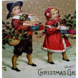 Victorian Christmas Postcard Children Antique Embossed Germany 1911 Vintage